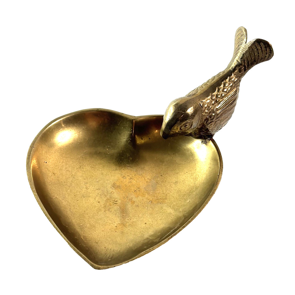 Vtg Brass Bird On Heart Trinket Dish Bowl Whimsical Dark Academia Romantic